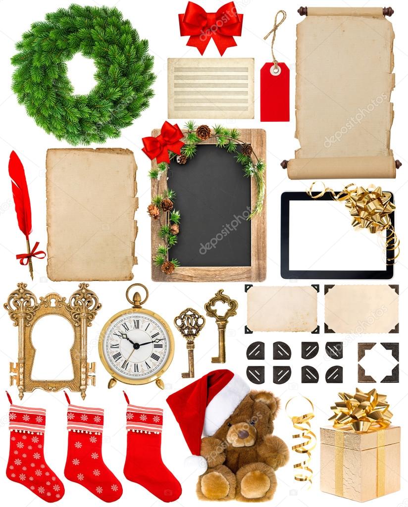 Christmas decorations, ornaments and gifts. Paper and frames iso