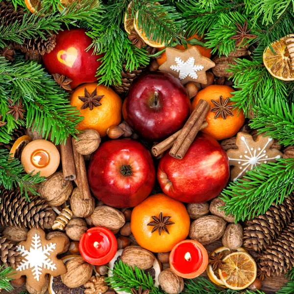 Christmas food backdround. Fruits, spices and cookies — Stok fotoğraf