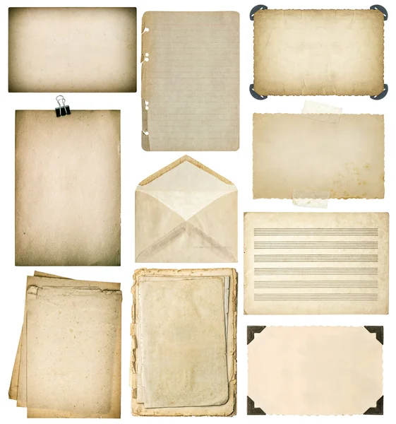 Set di fogli di carta usati. Pagine di libri vintage, cornici fotografiche, buste — Foto Stock