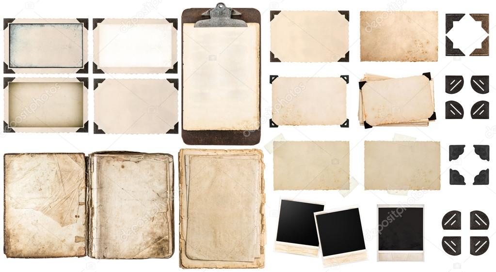 Old paper sheets, vintage photo frames and corners, open book