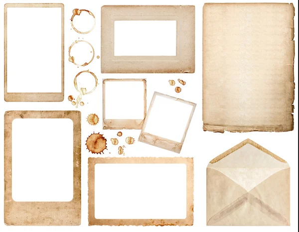 Old used paper, envelope, photo frames and coffee stains scrapbo — Stock Photo, Image