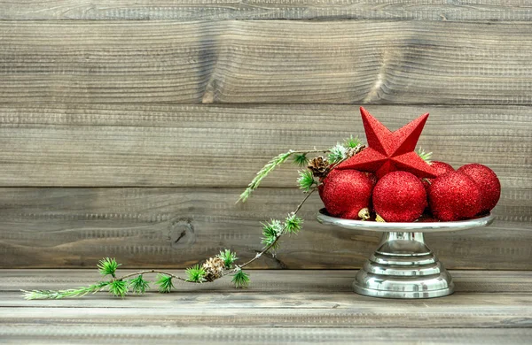 Christmas decoration with red baubles. Vintage arrangement — Stock Photo, Image