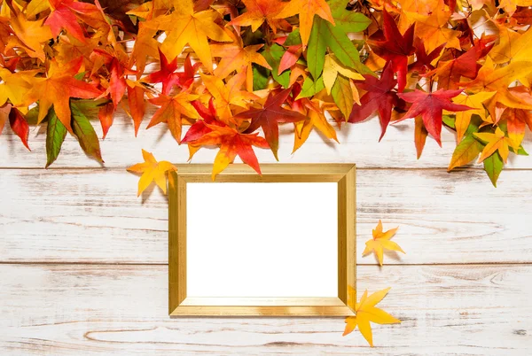 Осенние листья и золотая рамка для изображения или текста — стоковое фото