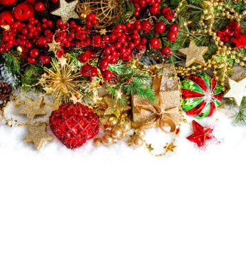 Christmas ornaments red baubles, golden decorations