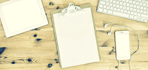 Office Workplace with Clipboard, Paper, Keyboard. Vintage — Stockfoto