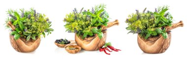 Olive oil with fresh herbs and spieces. Healthy food ingredients