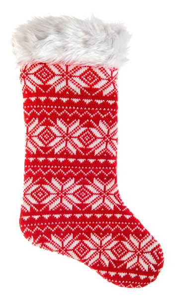 Bas de Noël. Chaussette rouge tricotée pour cadeaux — Photo