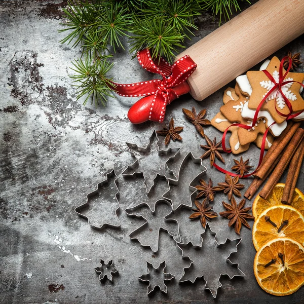 Christmas tree branches, cookies and baking ingredients. Vintage — Zdjęcie stockowe