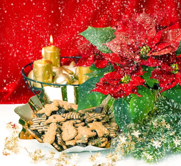 Decorazione dell'Avvento con candele dorate ardenti, fiore di poinsettia — Foto Stock