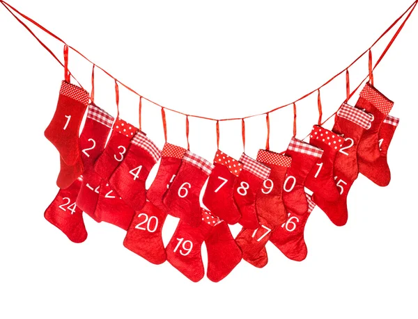 Calendario dell'Avvento. Natale rosso calza decorazione — Foto Stock