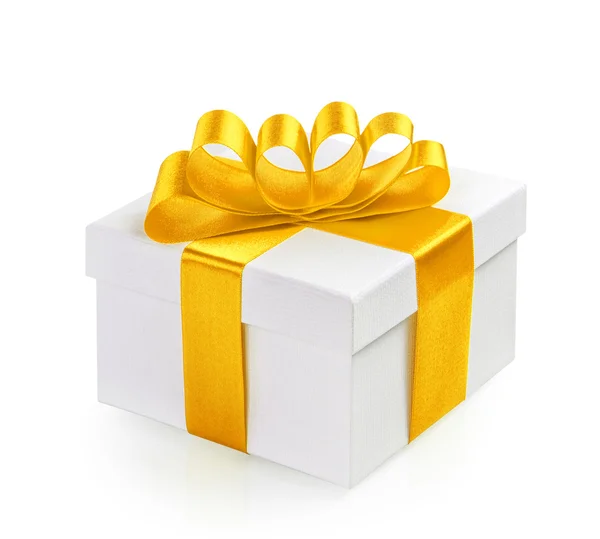 Gift box with yellow ribbon bow isolated on white background Stock Photo