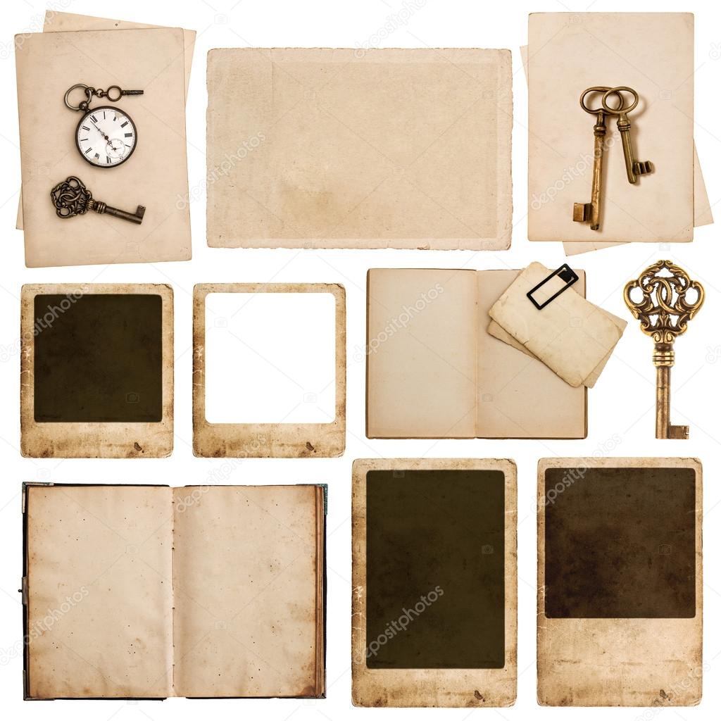 Used paper sheets, photo frames, vintage pocket watch key