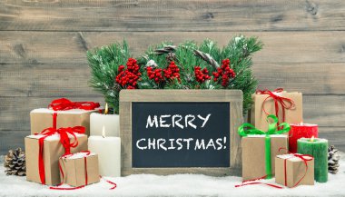 Christmas decoration burning candles gift boxes vintage