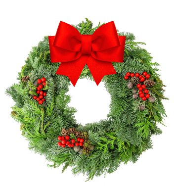 Çam ve Ladin kırmızı kurdele bow Noel çelenk