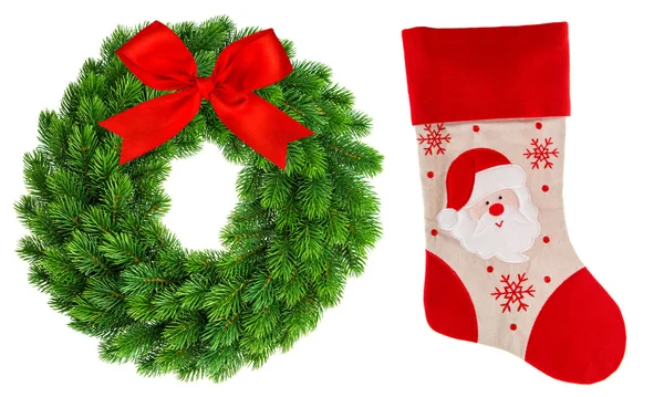 Christmas wreath and red sock — Stock Photo, Image