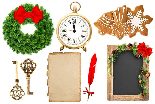 Christmas decoration tools and evergreen wreath — Stock Photo, Image