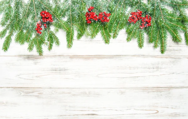 Christmas tree branches and red berries in snow decoration — Stock Photo, Image