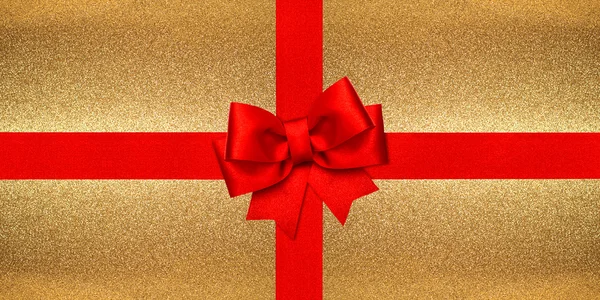 Red ribbon bow over shiny golden background. Gift card — ストック写真