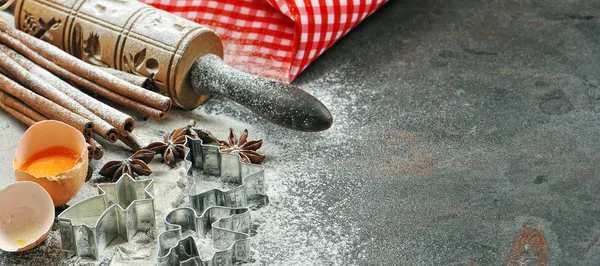 Christmas food. Baking ingredients and tolls for dough preparati — Stock Fotó