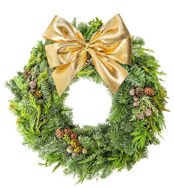 Christmas wreath pine and spruce golden ribbon bow