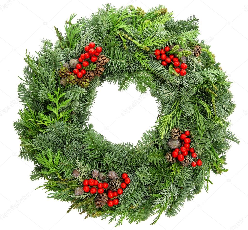 Christmas wreath fir, pine, spruce twigs with cones red berries