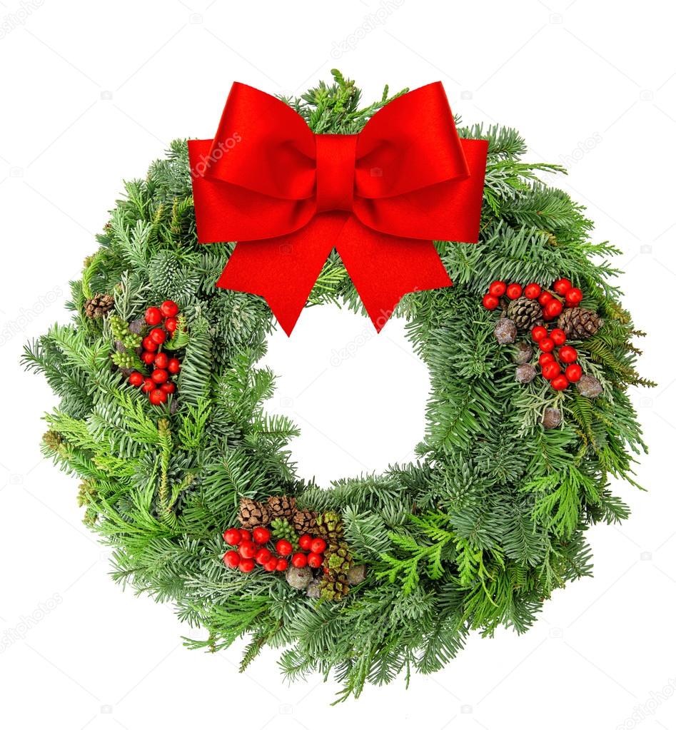 Christmas wreath from pine and spruce red ribbon bow