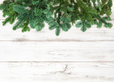 Noel ağacı dalları parlak ahşap arka plan üzerinde