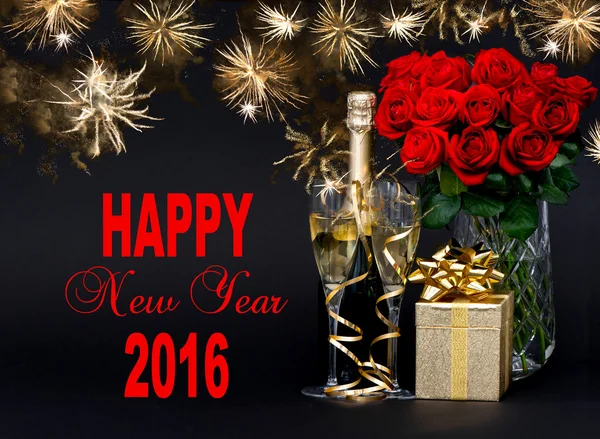 Champagne, gift, flowers and golden fireworks. Happy New Year 20 — Stock Photo, Image