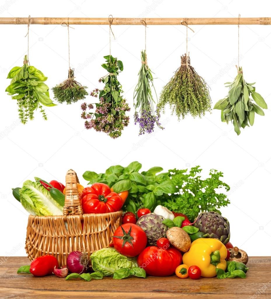Vegetables and herbs on white background. Healthy food