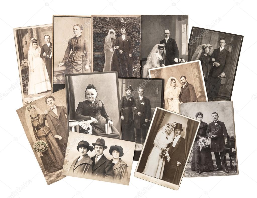 Vintage family and wedding photos. Nostalgic sentimental picture