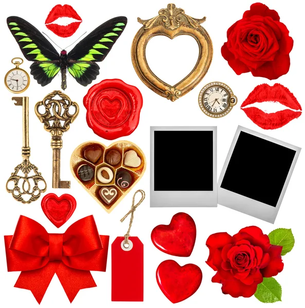 Walentynki-dzień notatnik. Czerwone serca, Zdjęcie ramki, polaroid, kis — Zdjęcie stockowe