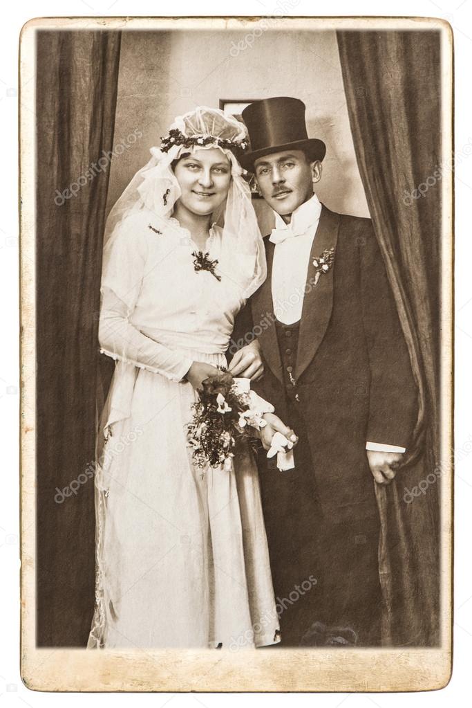 Antique wedding photo. Just married couple