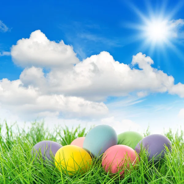 Paskalya yumurtaları yeşil çim. Bahar manzara — Stok fotoğraf