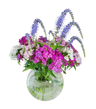 çiçekli vazo izole beyaz arka plan pembe mor çiçekler. İç modelleme için.