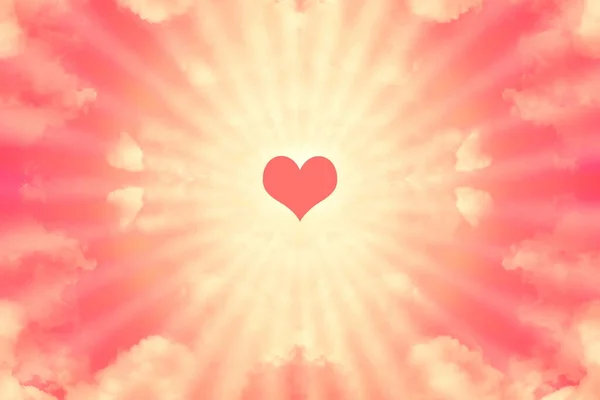 Kalbimin gökyüzü. Açık pembe renkteki bulut ışınlarının ortasında kırmızı bir kalbin soyut çizimi. Romantik kart. Sevgililer Günü hediyesi.