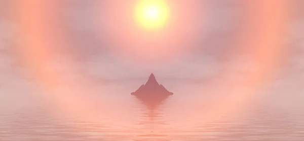 Yalnızlık Budist tapınağı meditasyonu akşam veya sabah pembe turuncu güneş batıyor. 3D görüntüleme 3D. Güzel deniz dağlarının batışı, her amaç için harika bir tasarım..