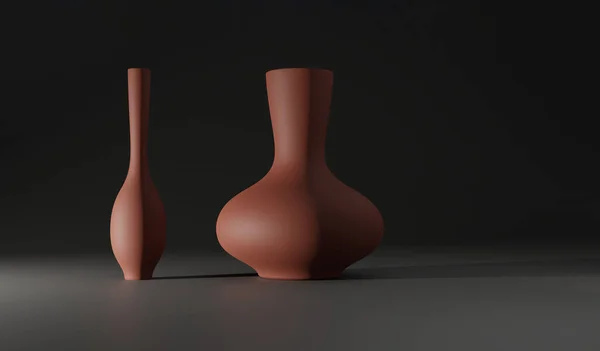 Koyu arkaplanda iki kil vazo tasarımı. İnce ve şehvetli, formların tam ve ince kontrastı. Üç boyutlu illüstrasyon. seramik tabloları