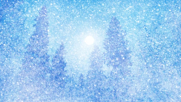 Lua Inverno Noite Paisagem Floresta Abeto Queda Neve Cartão Postal — Fotografia de Stock