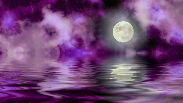 Moon night stars clouds. moon reflection water. Moon olor liquid. Night scene. purple