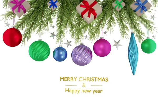 New Year Christmas Greeting Card Fir Tree Branches Balls Icicles — Stock Photo, Image
