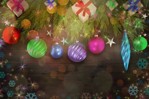 Újév Karácsonyi Üdvözlőlap Fenyő Ágak Labdák Jégcsapok Csillagok Háttér Illusztráció — Stock Fotó