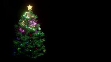 Christmas tree glows with lights garland of light bulbs Christmas balls stars on a black background alpha