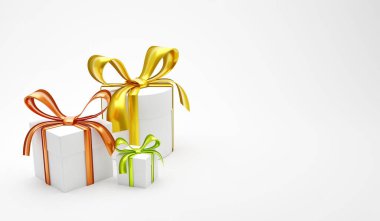 Beyaz arka planda renkli kurdelelerle bağlanmış üç hediye kutusu. 3d hazırlayıcı