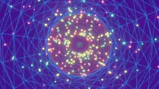 明るい粒子を飛んでいる幾何学的回転円の抽象的な背景 サムサラの輪はカルマによって制限された世界での生と死のサイクルです — ストック動画