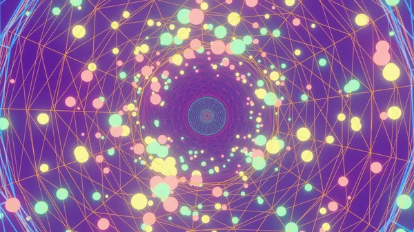 Geometrik daireleri ve parlak parçacıkları olan modern soyut arkaplan. Kavram tekerleği samsara hareketli parçacıklar daireler oluşturur ölü ruhlar sonsuz yeniden doğuşa doğru hareket eder. 3d hazırlayıcı