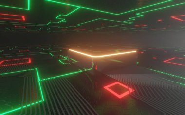 3D görüntüleme teknolojisi mikroçip mikroçip yüksek teknolojili yüksek hızlı işlemci ana kartı. koyu neon arkaplan