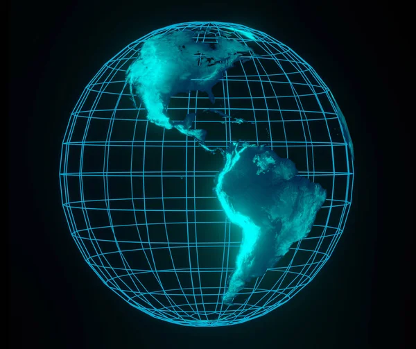Holografik dünya gezegeni iki kıta kuzey ve güney Amerika çerçeve ızgarası siyahı izole etti