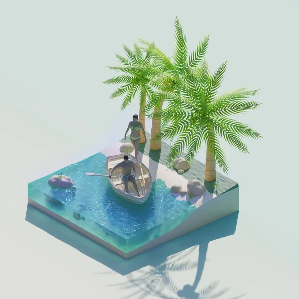 熱帯のリゾート地での休日のシーンの概念 ヤシの島のビーチでリラックスしたボート男と女のカップル 3Dレンダリング — ストック写真