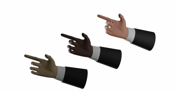 一个不同种族的人的三只手多文化的手指着一个穿着西装和白衬衫的商人的手指 3D渲染 孤立的白色 — 图库照片