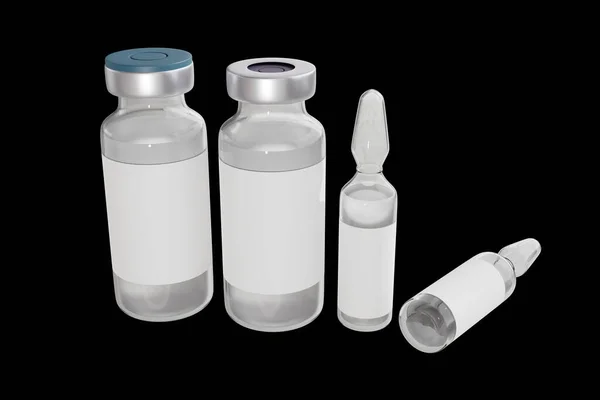 Mockup Vaccine Glass Bottles Covid Coronavirus Vaccine Render Isolated Black — Stock Photo, Image